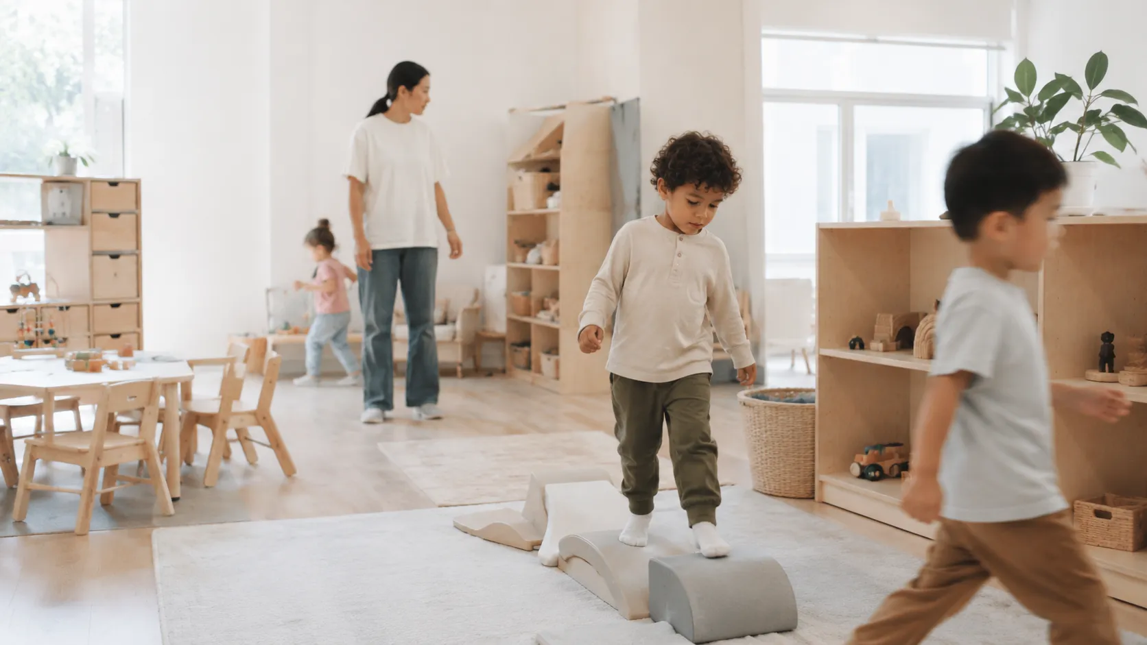 Educator guiding children through a movement activity