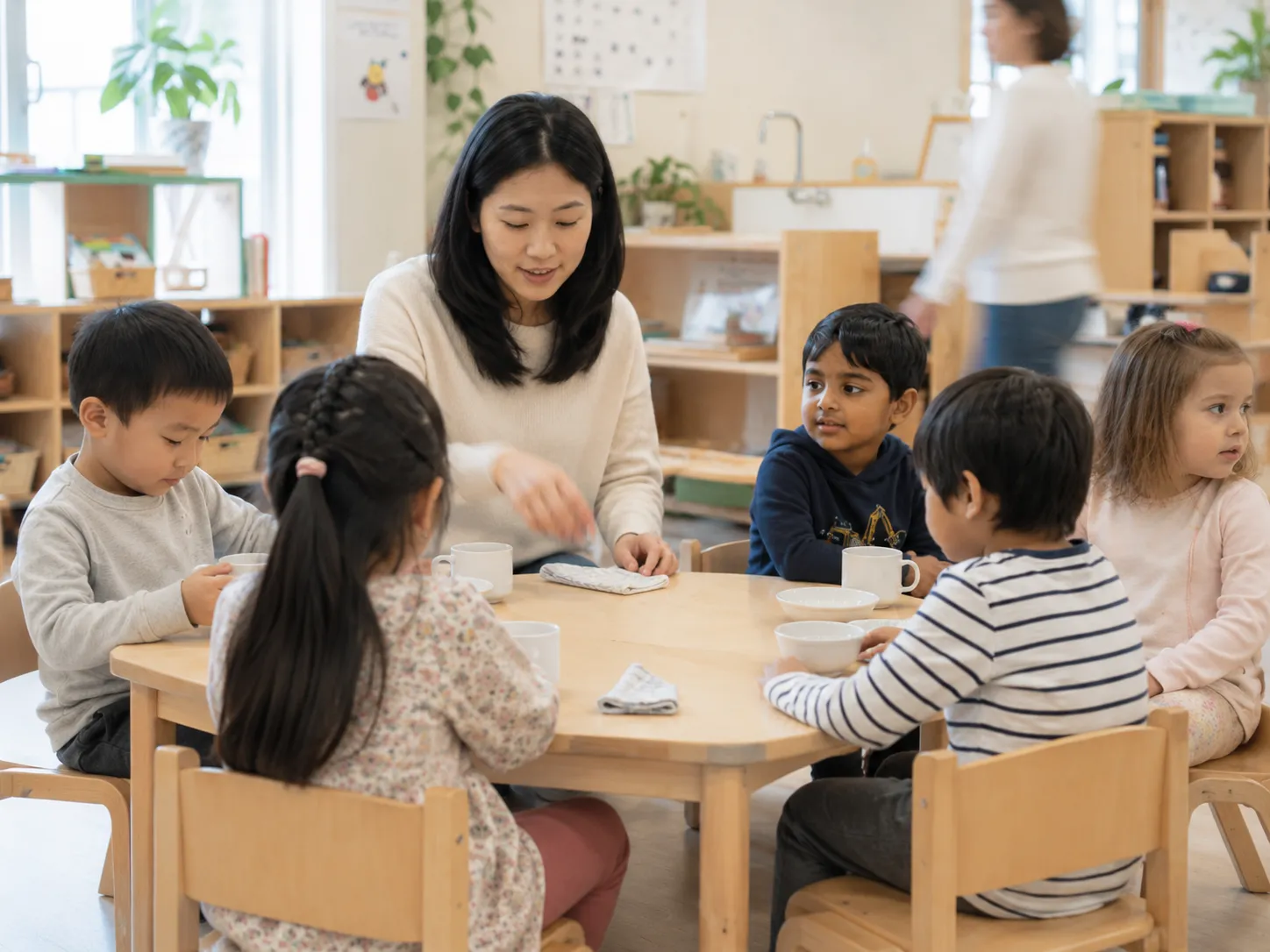 Educator guiding children through snack time at a classroom table